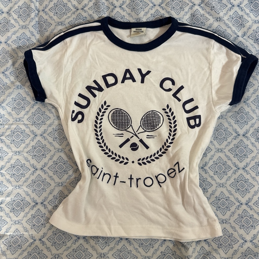 Urban Outfitters Sunday Club White and Navy Tee